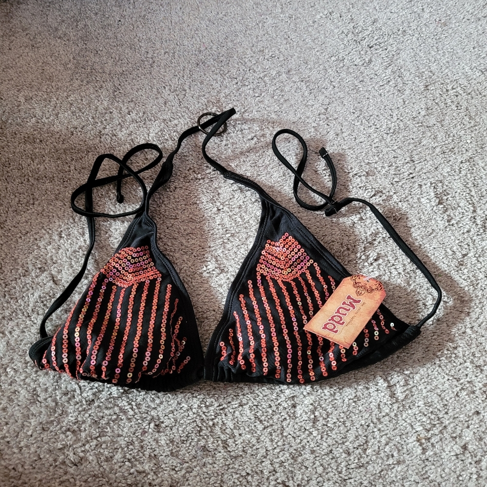 *Sale*NWT Mudd Bikini Top Size Small Black Pink Sparkle Removable Pads Tie Back